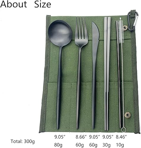 Miniatura 10 de JASHII Juego de cubiertos de viaje de 7 piezas, juego de 1, utensilios reutilizables de acero inoxidable 304 para llevar, juego de cubiertos de