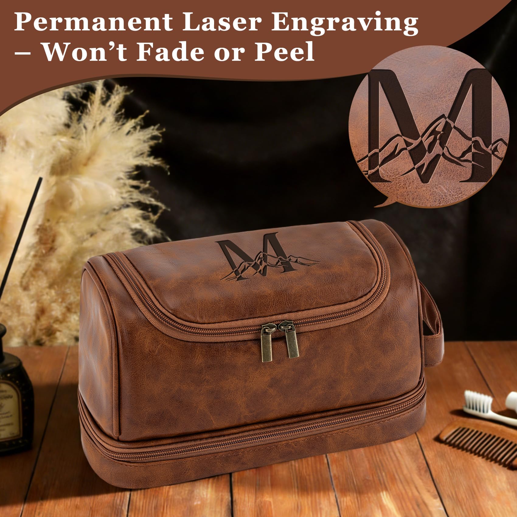 Neceser de viaje personalizado para hombre, grabado con láser, con monograma, inicial, para artículos de tocador, San Valentín, aniversario, regalos geniales para hombres, marido, novio, marrón