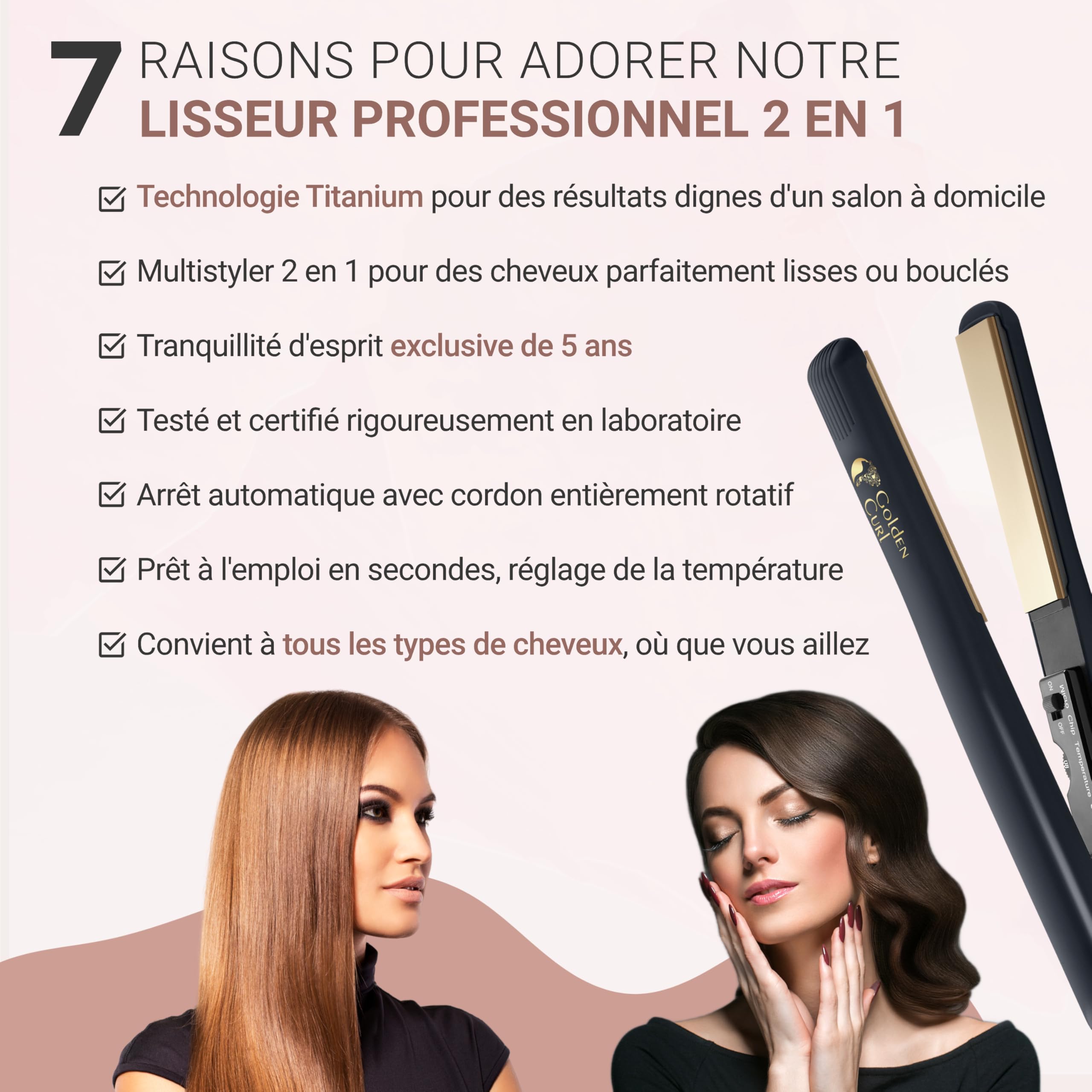 Golden Curl Fer Lisseur Cheveux Professionnel pour Lissage Facile et Rapide | 5 Ans de Tranquillité, Fer à Lisser et Boucleur 2 en 1, Appareil Coiffure Hair Straightener pour Lisser et Boucler (Or)