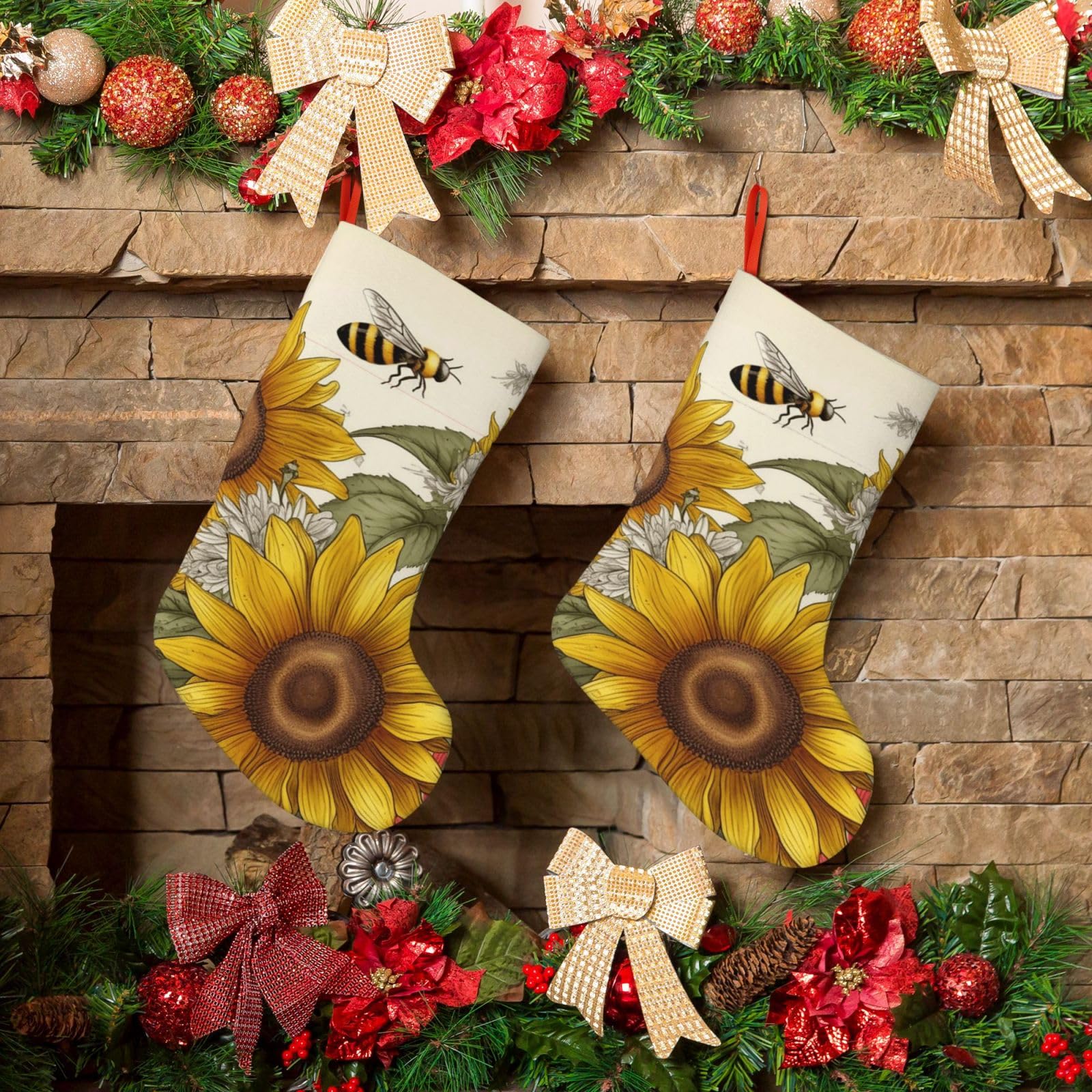 Fodpand Boys Black Bees Sunflowers Daisy Rose Flowers Christmas Stockings Hanging Ornaments For Holiday Decor, 18 Inches Velvet Fireplace Hanging Xmas Stocking, Candy Gift Bags For Christmas Decorations