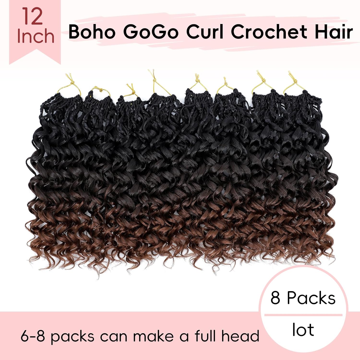 Pre looped GoGo Curl Crochet Hair 12 Inch 8pcs Curly Crochet Hair for Women Pre twisted Boho Box Braids with Curly Ends Water Wave Synthetic Hair Extensions Ombre Dark Brown to Brown 1B/4/30