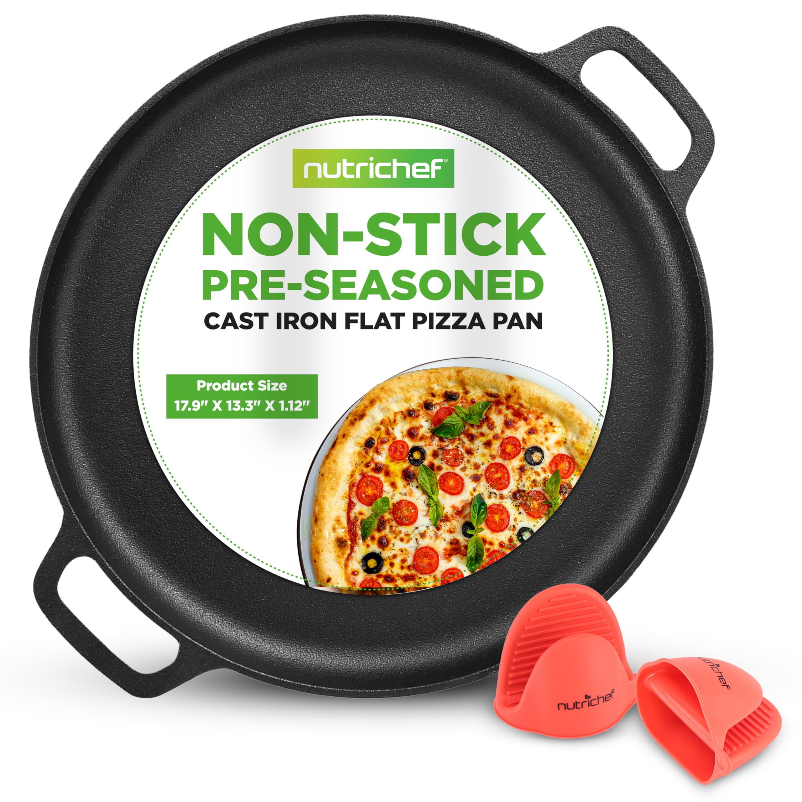 13" Cast Iron Pizza Pan - Cast Iron Pizza Baking Pan Steel Pizza Cooker W/Easy Grip Handle - For Gas, Electric, Glass, Induction Cooker, Oven, & Grill/Campfire - 2 Silicone Handles - Nutrichef NCCIPD