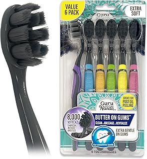 GuruNanda Butter on Gums Charcoal Toothbrush - 8000+ SoftexTM Bristles for Sensitive Teeth & Gums, Aids in Teeth Whitening, Extra Soft (6 Count)