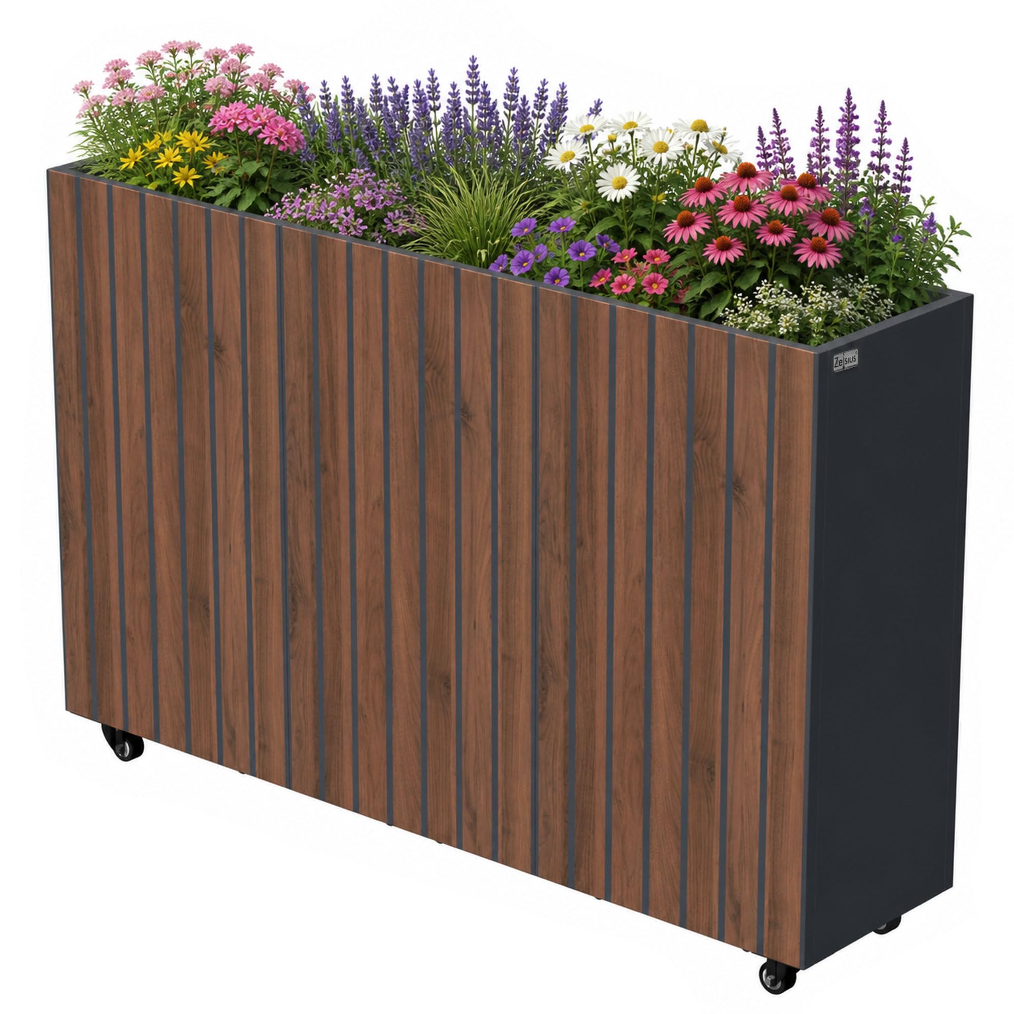 Zelsius Jardinière surélevée en acier galvanisé avec roues 120 x 30 x 80 cm | Anthracite RAL 7016 Aspect bois de noyer | Bac à fleurs, jardinière, plate-bande, potager, bac à herbes, pot de fleurs