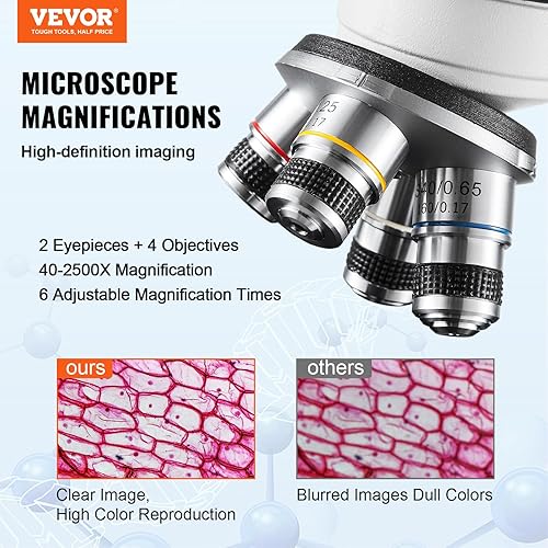 Miniatura 2 de VEVOR Microscopio compuesto binocular, aumento 40X-2500X, microscopio binocular para adultos con iluminación LED, incluye soporte para teléfono y