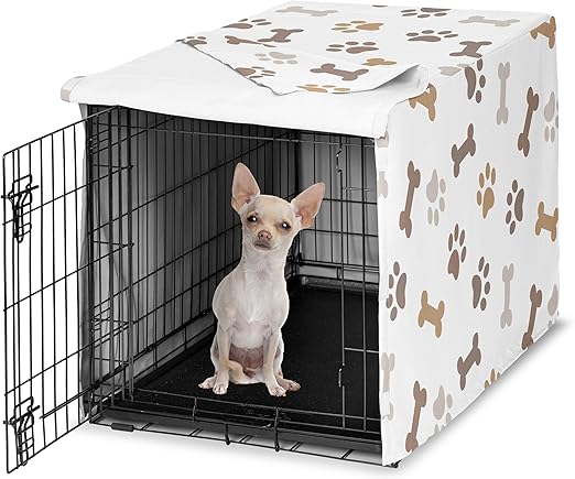 Sweet Jojo Designs 24in. Small Dog Crate Cover (Bones and Paw Prints) Pet Cage, Kennel Covers (Modern, Cartoon, Doggy, Puppy, Neutral, Paws Print, Whimsical, Brown, Tan, Grey, Taupe and Off White)