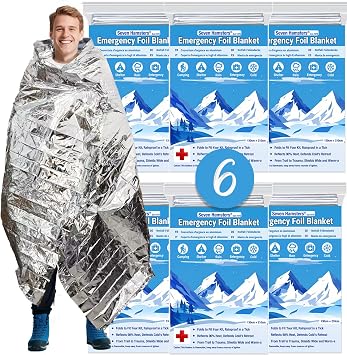 Foil Blanket Emergency Survival Equipment 6-Pack, Mylar Space Blankets for Camping, Hiking & First Aid Kit| Thermal Reflective Outdoor Safety Essentials