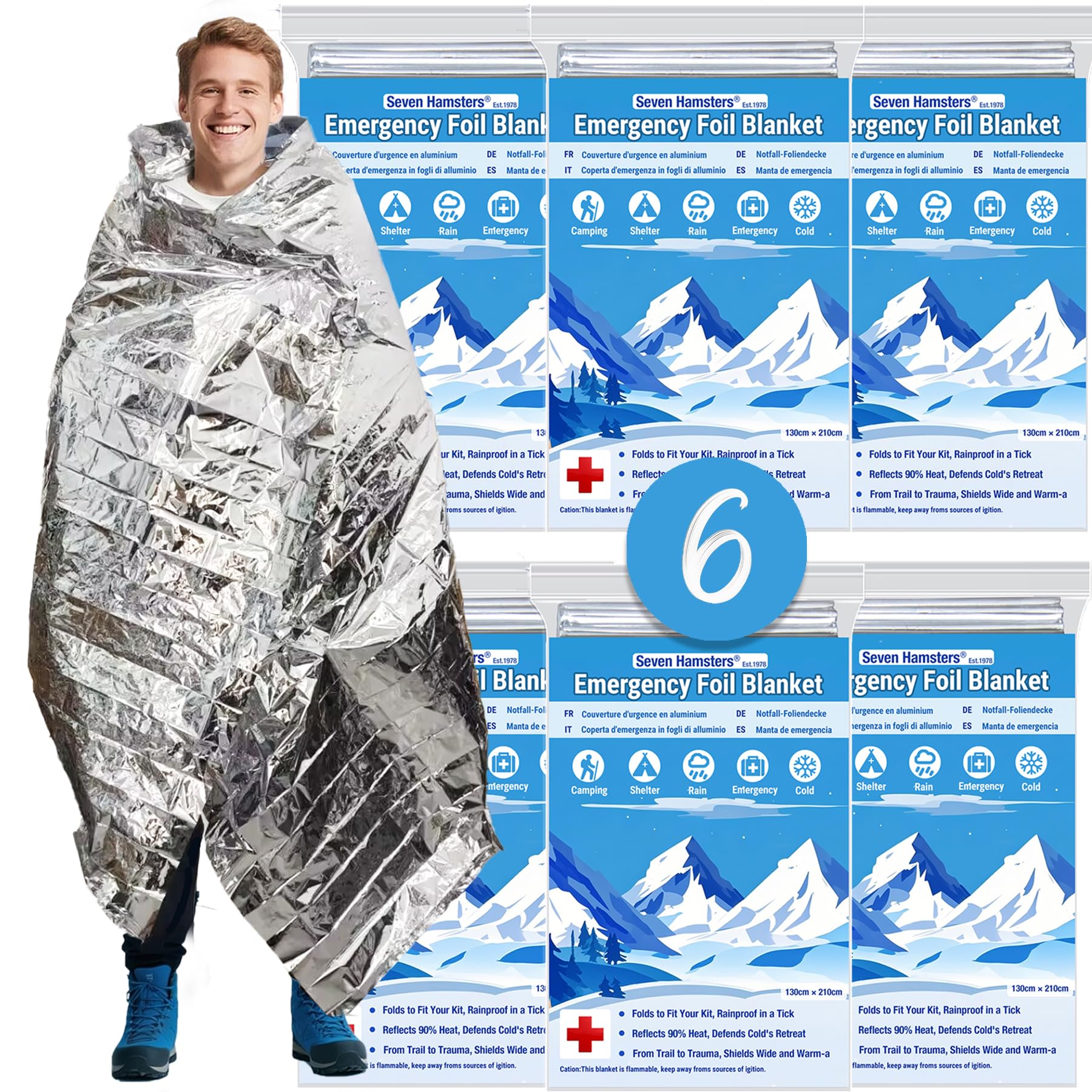 Foil Blanket Emergency Survival Equipment (6-Pack), Mylar Space Blankets for Camping, Hiking & First Aid Kit| Thermal Reflective Outdoor Safety Essentials