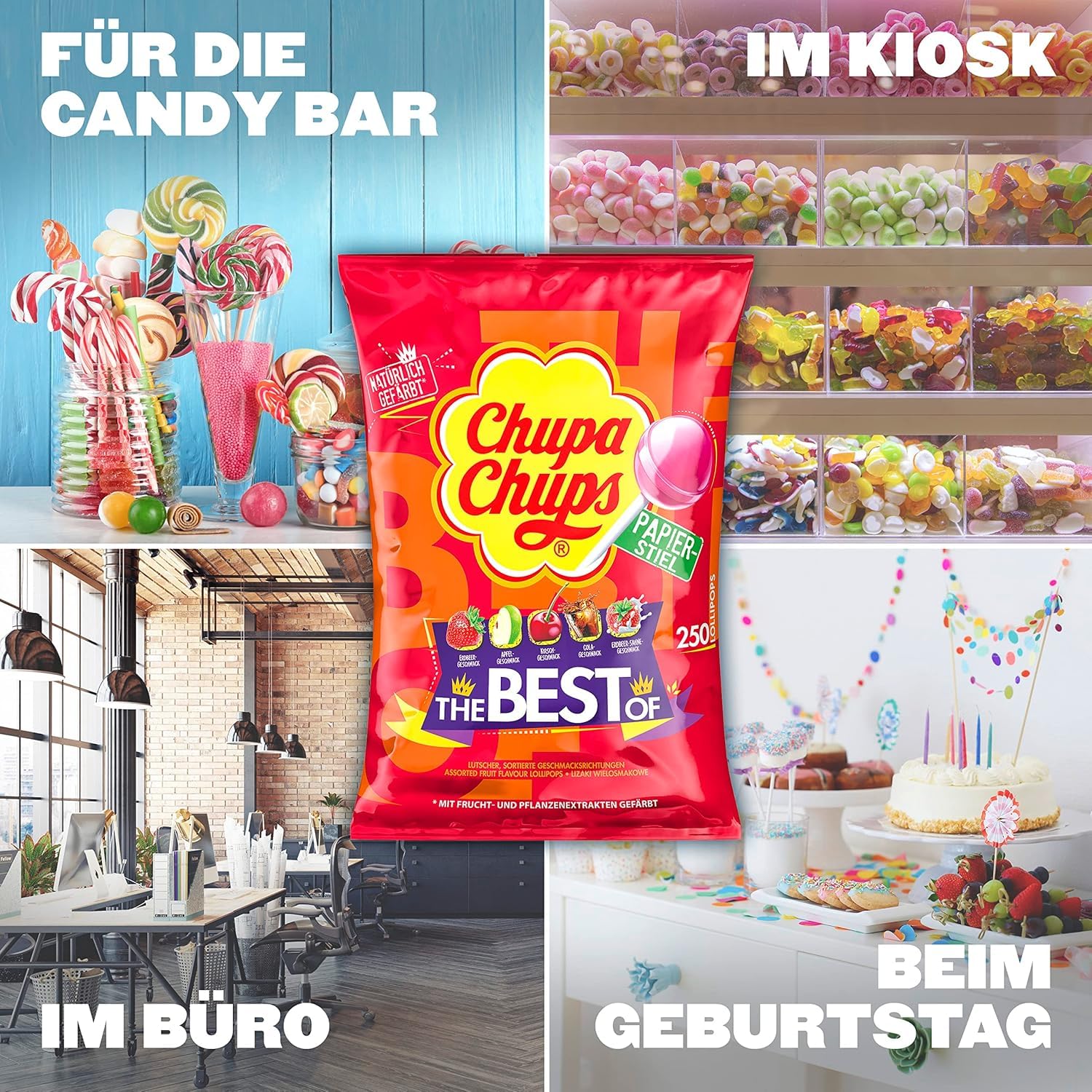 Chupa Chups Best of Lutscher-Beutel, Beutel enthält 250 Lollis in 6 Geschmacksrichtungen wie Cola, Erdbeere, Kirsch, Apfel, geeignet für Geburtstag, 250 x 12g