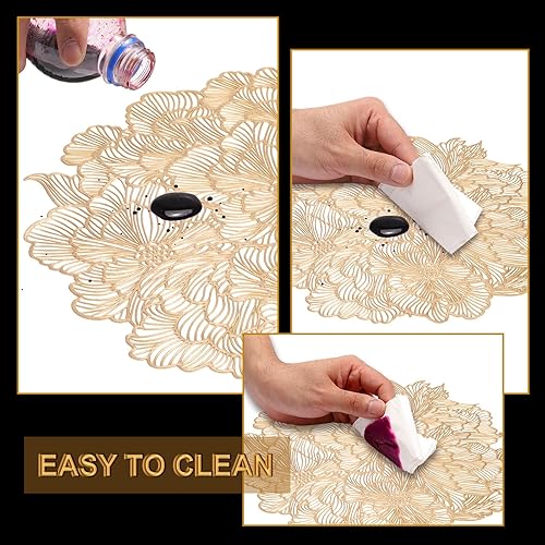 Miniatura 3 de uxcell Juego de 6 manteles individuales redondos dorados y florales para mesas de cena, manteles individuales metálicos de polivinilo prensado,