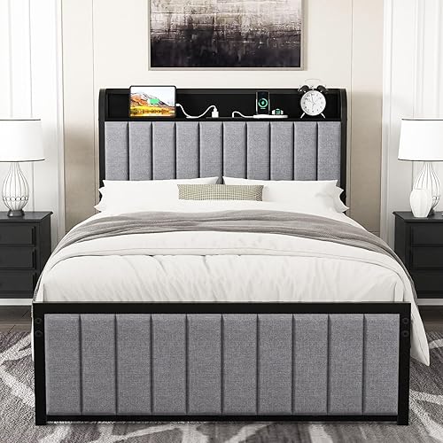 Miniatura 13 de VECELO Base de cama individual, cabecera tapizada de almacenamiento con estación de carga, marco de cama de plataforma, listones de metal Negro y
