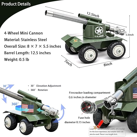 TIETHEKNOT Stainless Steel Mini Cannon Model with Recoil Mechanism - Perfect for Outdoor Games and Collectors Gift Firecracker (4-Wheel Forest Green)