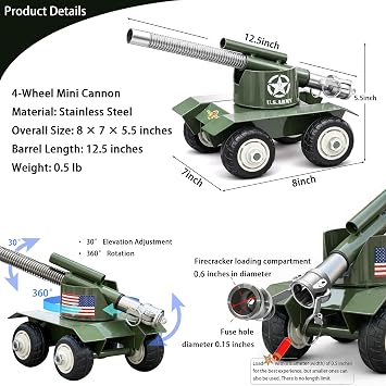TIETHEKNOT Stainless Steel Mini Cannon Model with Recoil Mechanism - Perfect for Outdoor Games and Collectors Gift Firecracker (4-Wheel Forest Green)