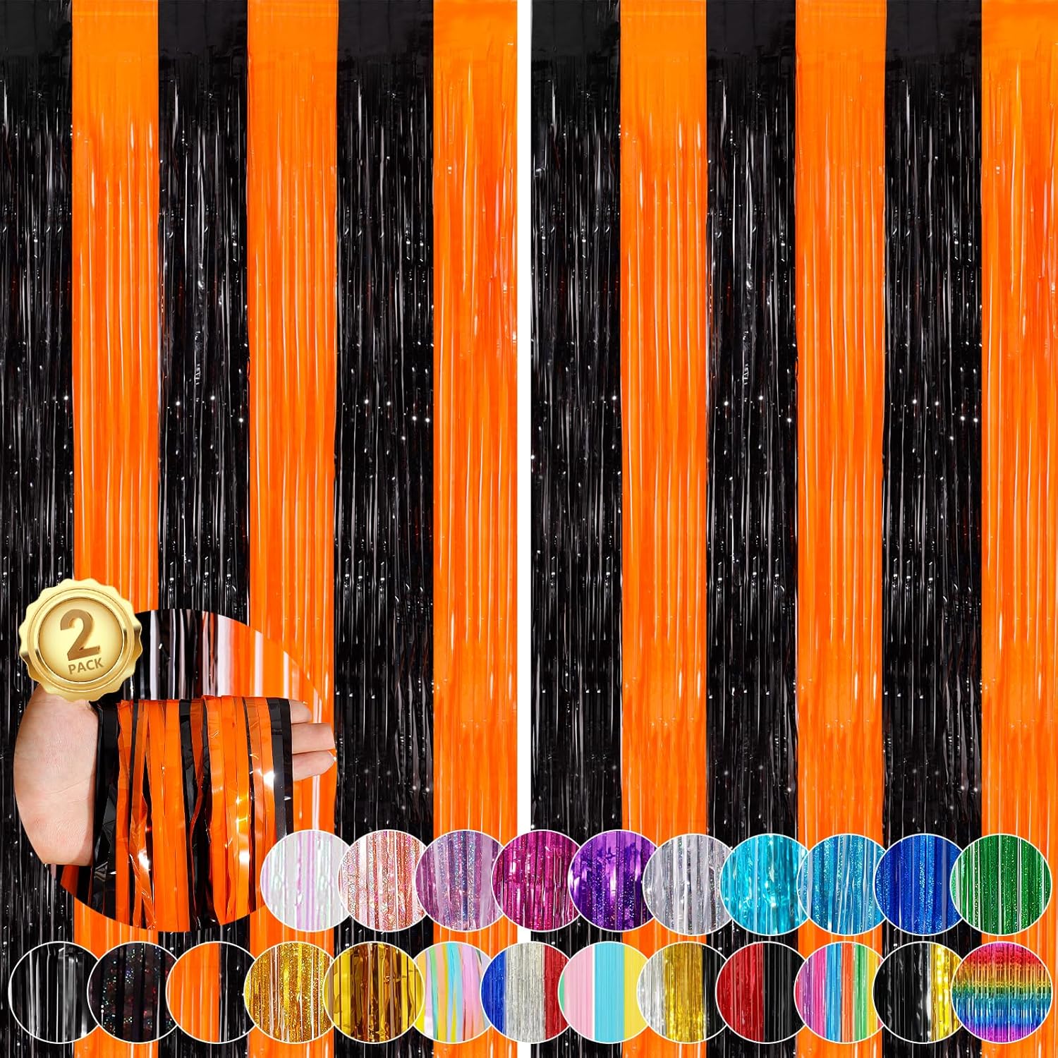 Black Orange Streamers Foil Fringe Curtain 3.3 x 8.3ft