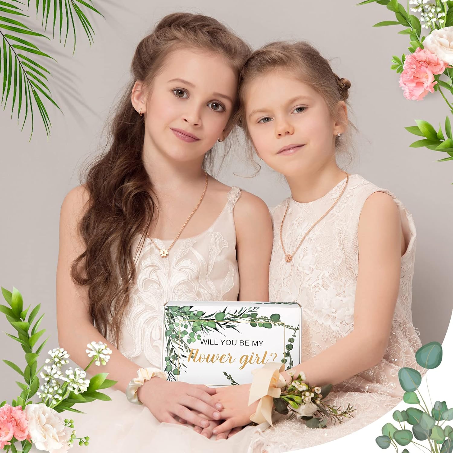 Crtiin 18 Pcs Flower Girl Gifts Wedding Proposal Box Kit from Bride Will You Be My Flower Girl Gifts Card Tumbler Daisy Necklace Sunglasses Diamond Pen Hair Ring Mirror Green Sage Wedding Party Favors