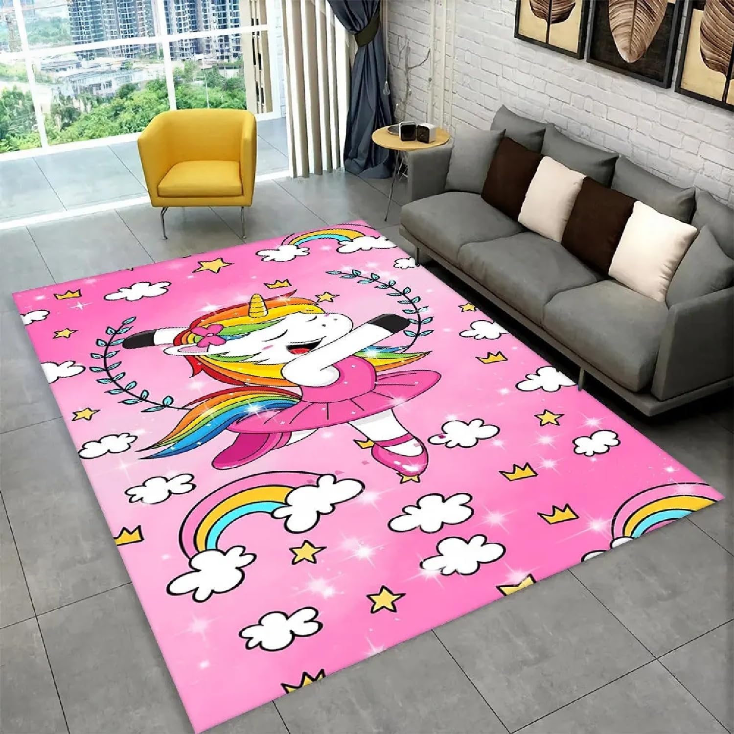 Alfombra habitación niña que no desliza y se lava a máquina, diseño de unicornio