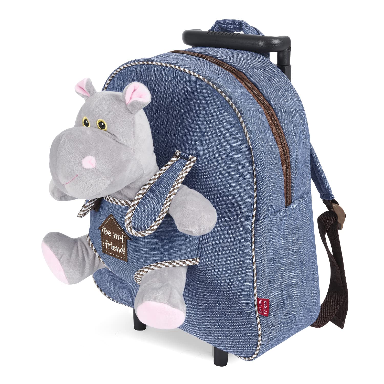 PERLETTI Sac à Roulette Scolaire Maternelle et Peluche Douce pour Enfant 3 4 5 Ans - Mini Sac à Dos avec Roues et Animal Doudou Amovible pour Fille Garçon - Sacoche Garderie avec Jouet - 29x32x11 cm