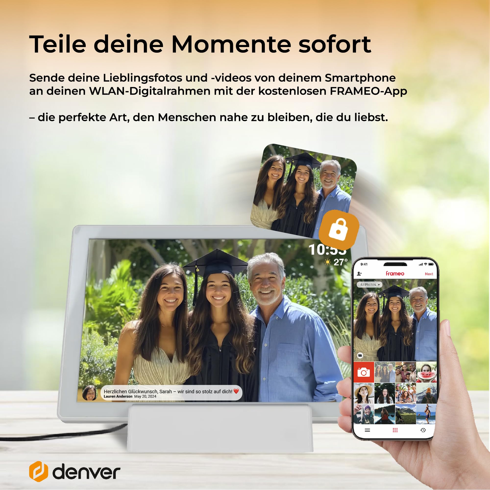 Denver PFF-1070B | 10.1 Zoll Digitaler Wi-Fi Bilderrahmen mit Akku | HD IPS Touchscreen | FRAMEO App & 16GB Speicher | Weiß