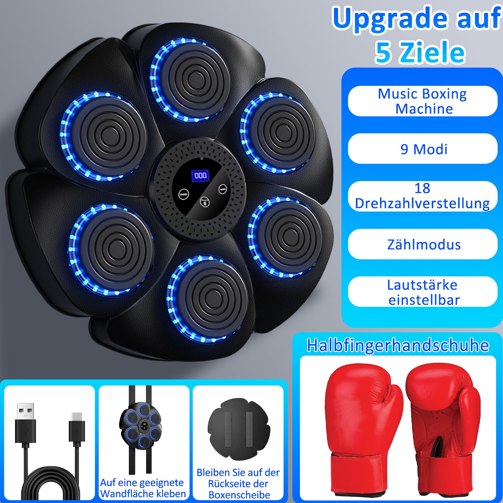 Smart Boxing Machine Muzyczna Maszyna Bokserska na Ścianę z Rękawicami, Bluetooth, 9 Funkcji, 18 Prędkości
