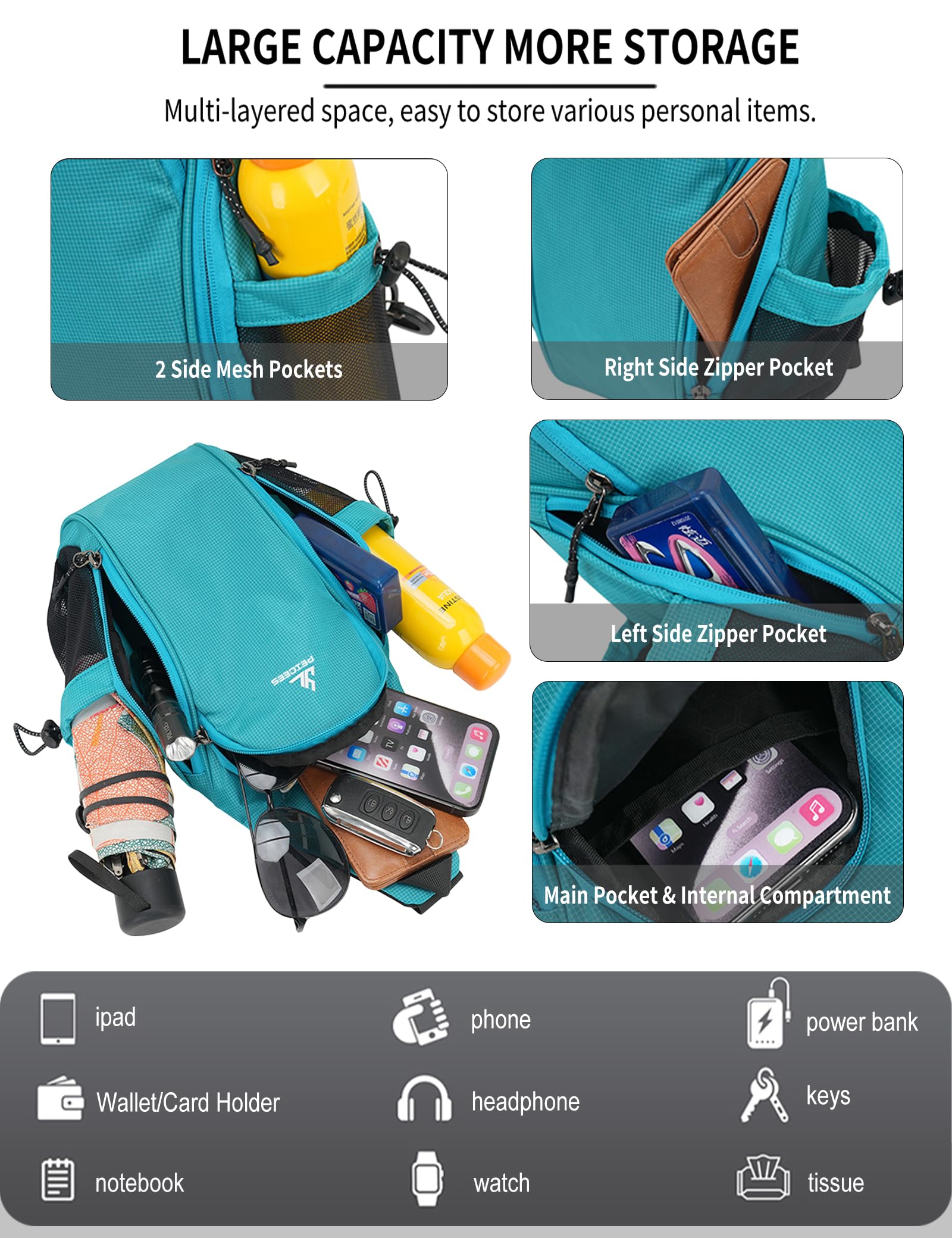 Bolsa pequeña con 2 soportes para botellas, mochila cruzada para uso diario, botella no incluida, Negro -, Pequeño, Bolso bandolera 5