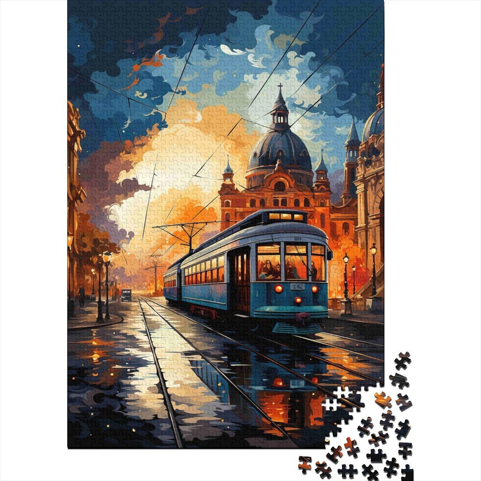 Puzzle de 1000 piezas de papel con diseño de tranvía clásico en una elegante escena urbana nocturna 8