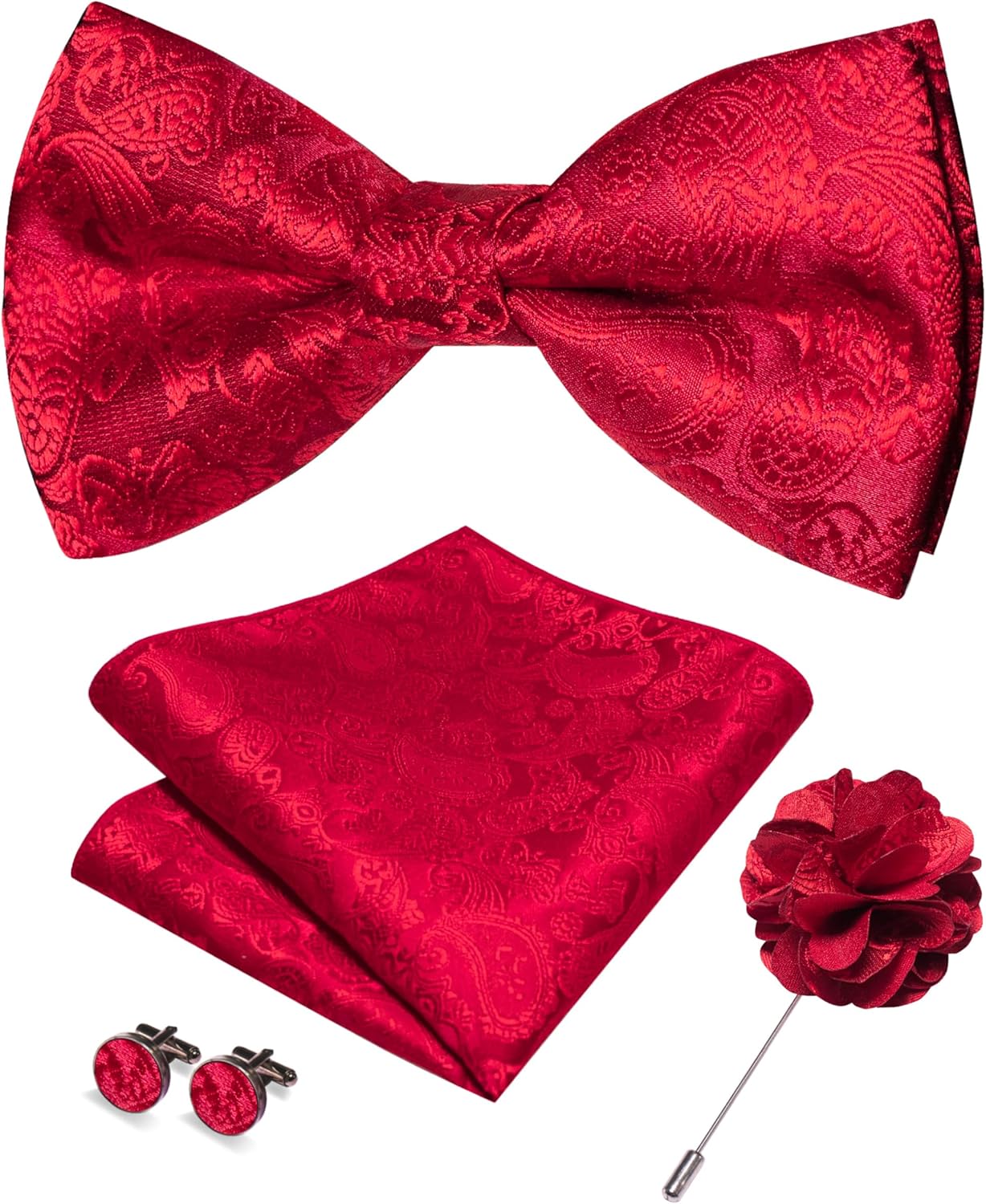 JEMYGINS Paisley Pre-tied Bow Tie and Pocket Square Cufflinks Lapel Pin Sets for Men 4PCS