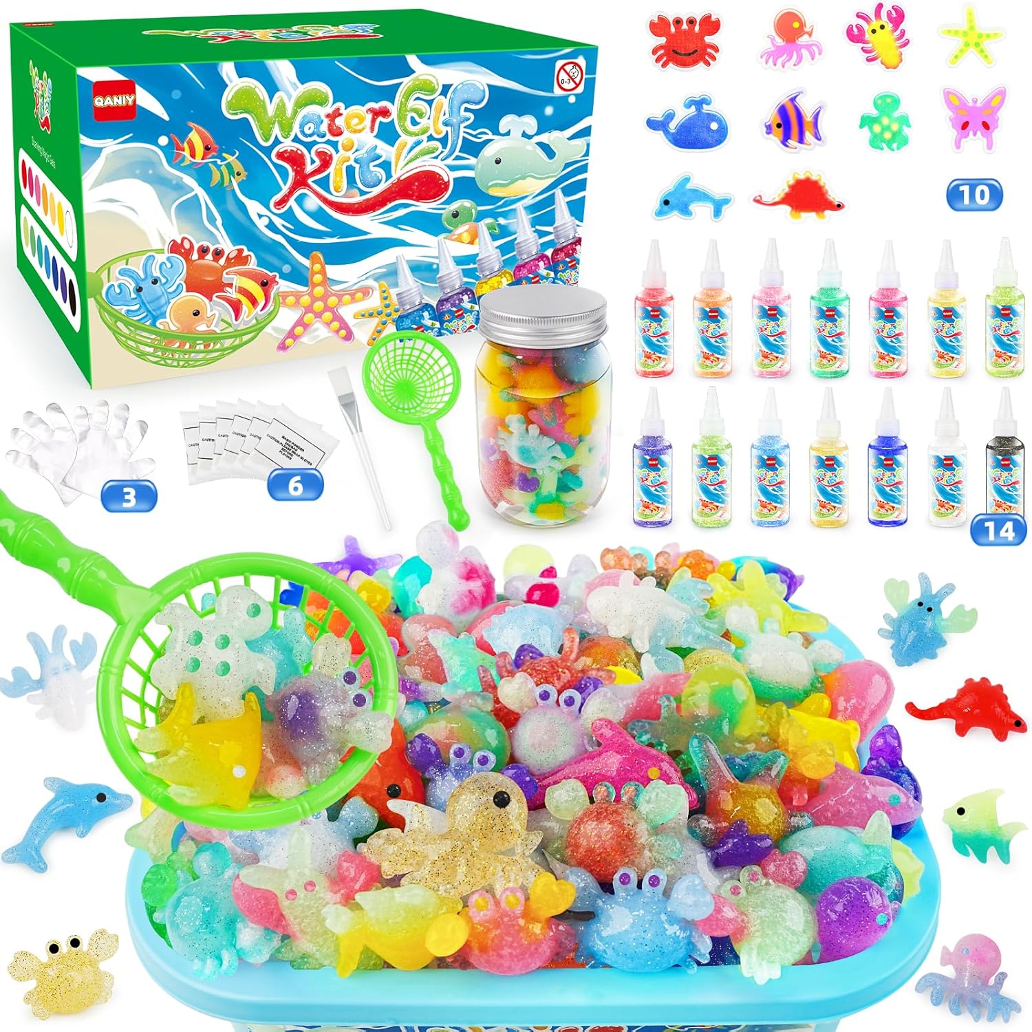 Magic Water Elf Toy Kit, Crafts for Kids Ages 4-8, Squishy Maker Set with 14 Magic Gels and 10 Molds, Aqua Fairy for Kids, Make Your Own Squishies Toys