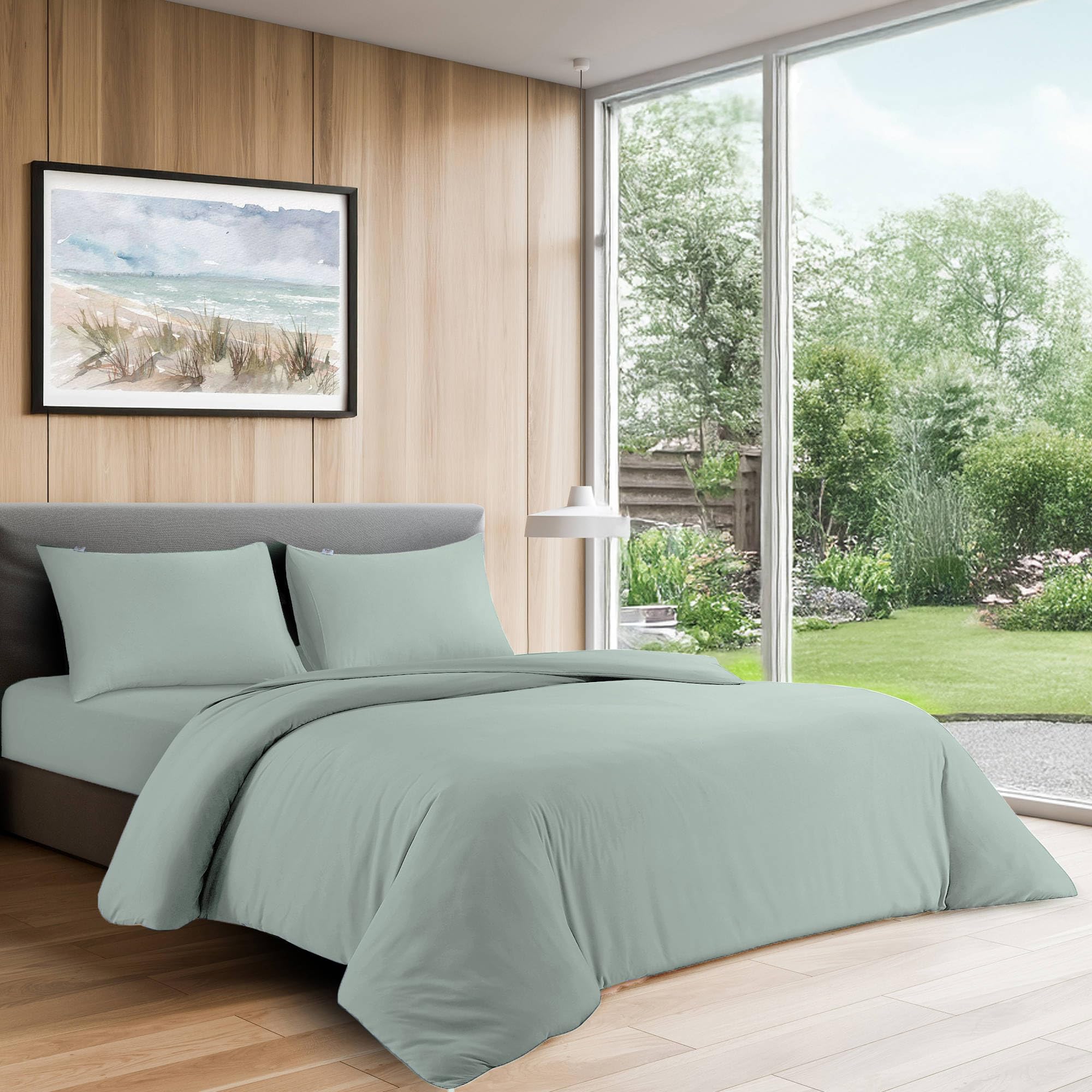 LYMA Complete Bedding Set Double Plain Duvet Cover, Fitted Sheet & 2 Pillow Cases 50x75CM, OEKO-TEX Certified, Ultra Soft NanoPlush Double Brushed, Button Closure, Wrinkle Fade Resistant (Sage Green)