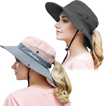 Muryobao 2 Pack Women Ponytail Summer Sun Hat UV Protection Wide Brim Foldable Safari Fishing Cap
