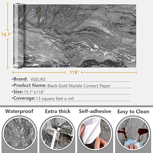 Miniatura 8 de VEELIKE Papel de contacto de mármol líquido dorado gris de 15.7 x 118 pulgadas para encimeras, papel de granito impermeable para encimera, papel