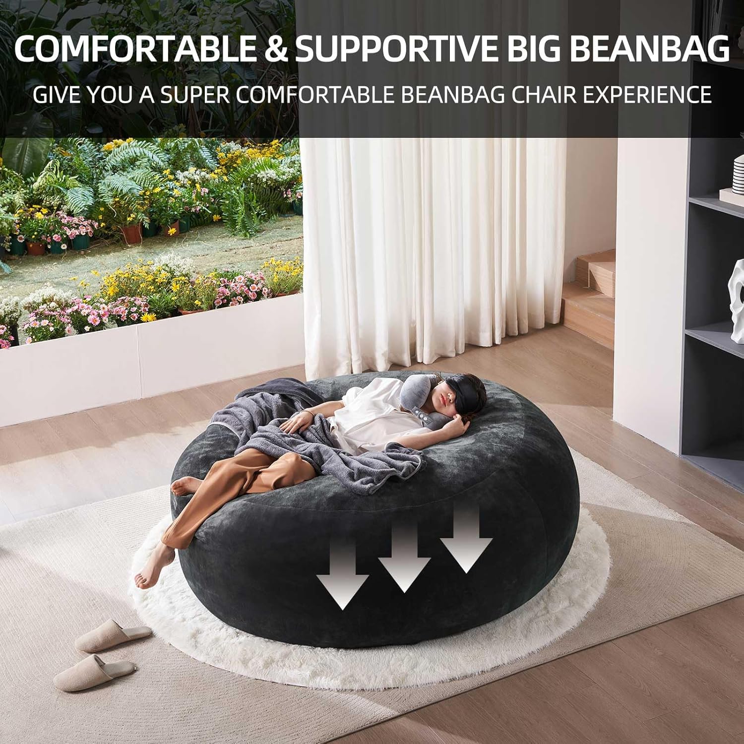 6FT Large Bean Bag Chairs Bean Bag Chair with Filler Memory Foam Bean Bag Chair Super Comfy Plush Bean Bag, Adult Living Room, Giant Bean Bag, Suitable for Bedroom, Casual Reading Chair(Dark Gray)