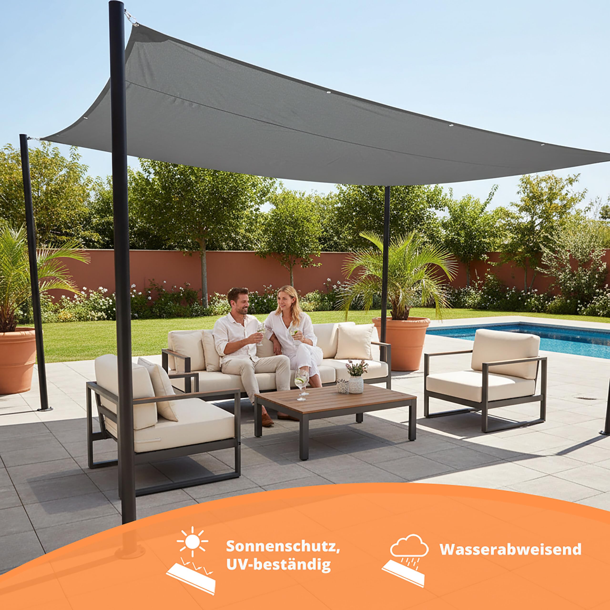 Relaxdays Sonnensegel rechteckig, wasserabweisend, UV-beständig, mit Spannseilen, Terrasse, Balkon, B x T: 4 x 6 m, grau