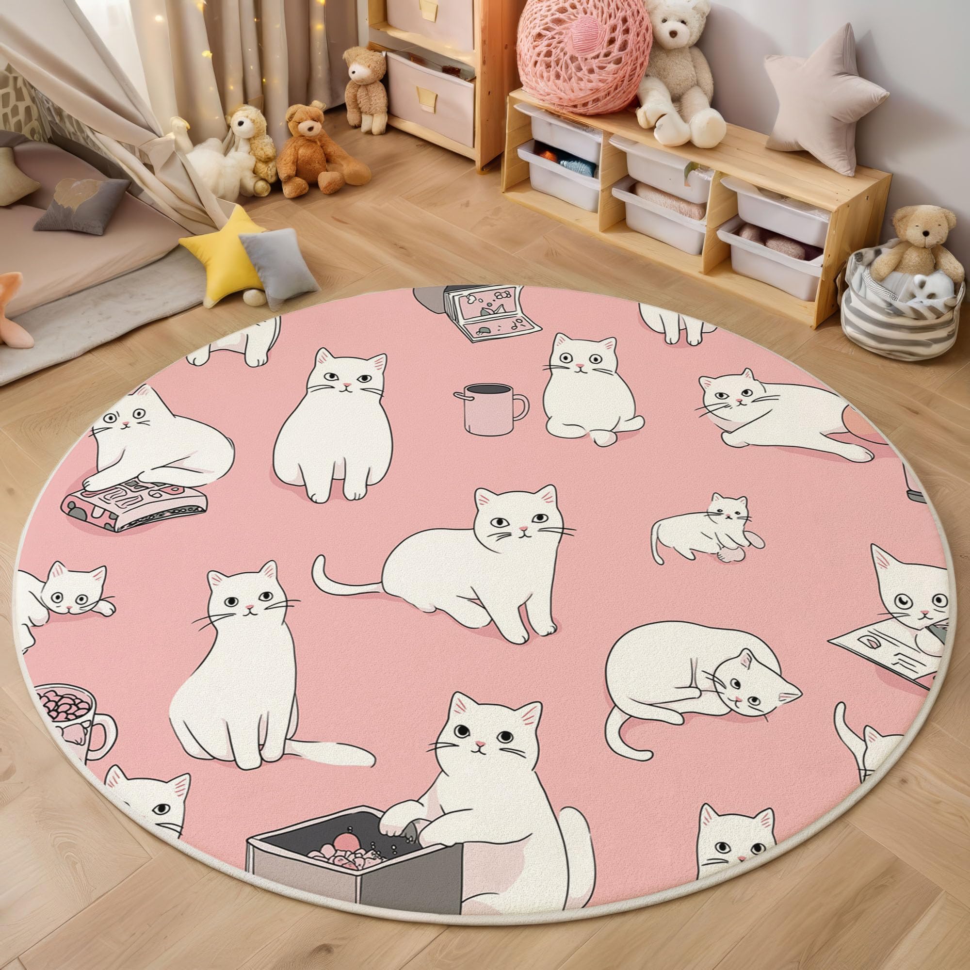 Tapis chambre enfant rose chat blanc rond 160cm salle de jeux