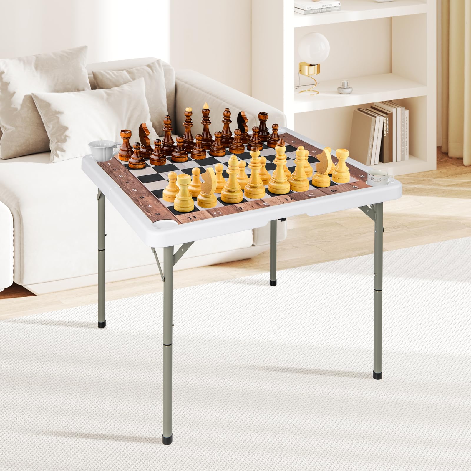 COSTWAY Table d'échecs Pliable 90x90cm avec Tapis & 4 Porte-gobelets, Table Carrée de Jeu en Plastique Portable avec Poignée & Patins Antidérapants, Echiquier pour Fête Pique-Nique Camping