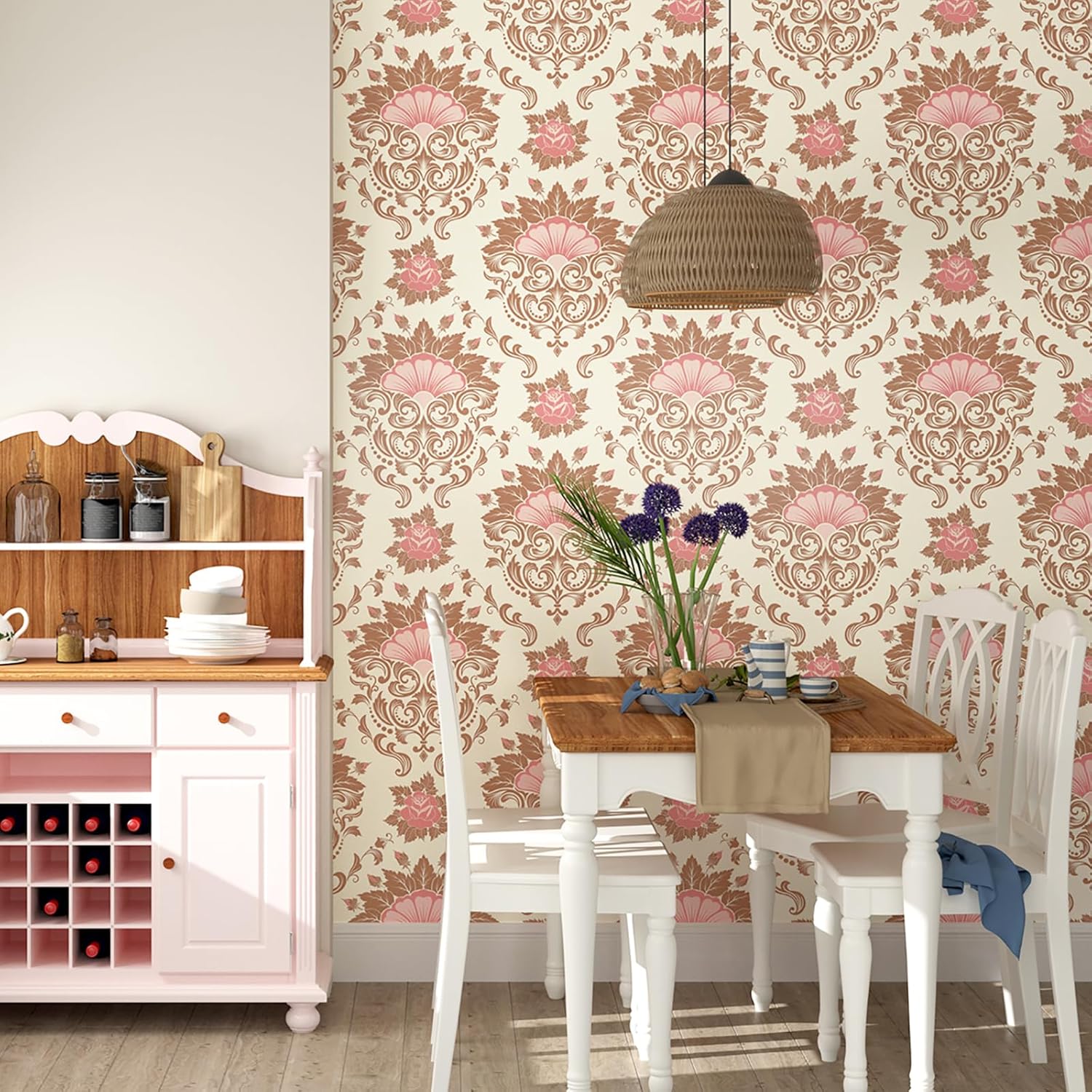 Floral Damask Wallpaper 17.5"×160" Pink Damask Peel and Stick Wallpaper for Bedroom Bathroom Cabinets Vintage Removable Stick and Peel Wall Mural Waterproof Self Adhesive Pink Contact Paper