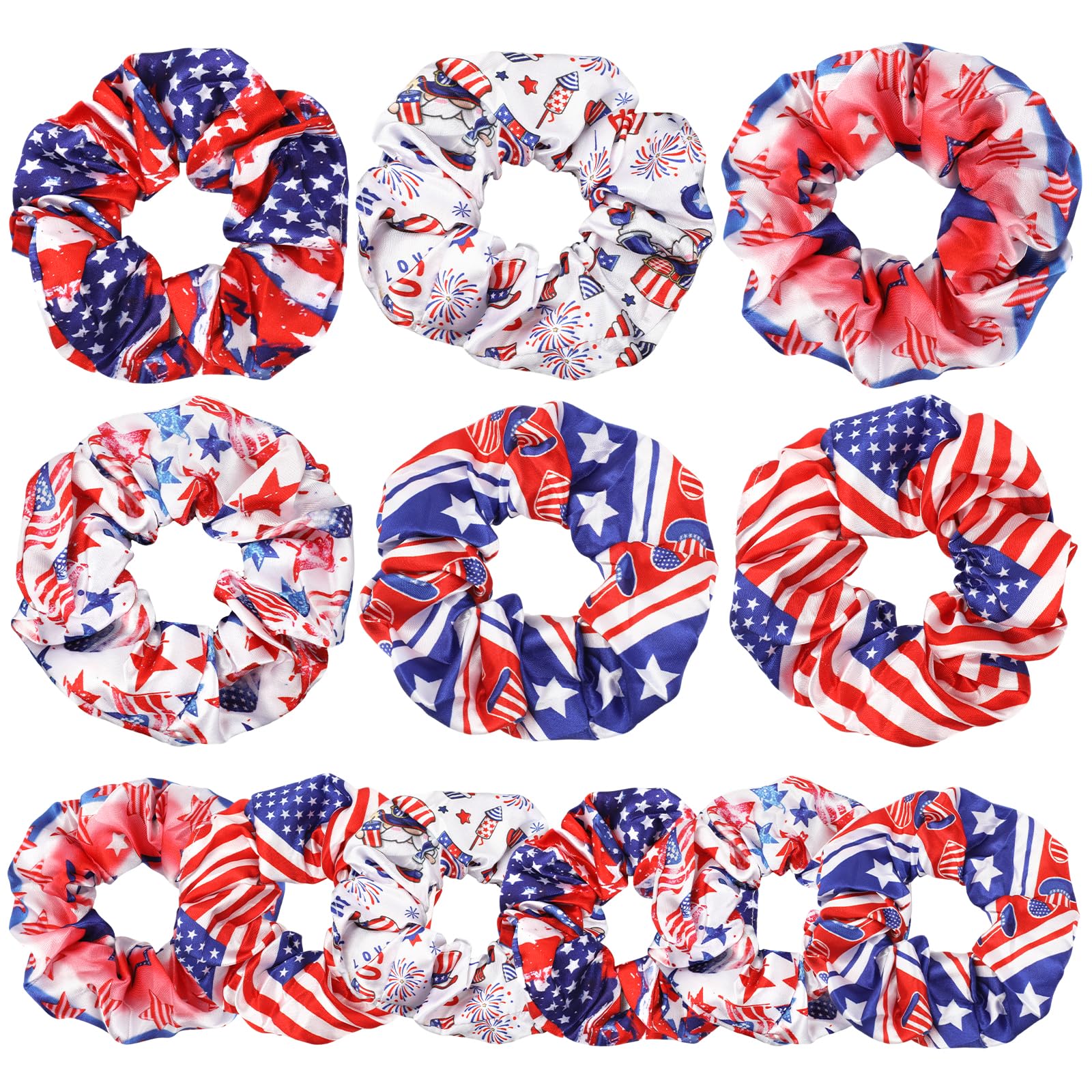 Konsait 12 PCS 4th of July Hair Scrunchies for Women Girls Patriotic Hair Accessories American Flag Red White Blue Elastic Scrunchies USA Independence Day Decorations Supplies