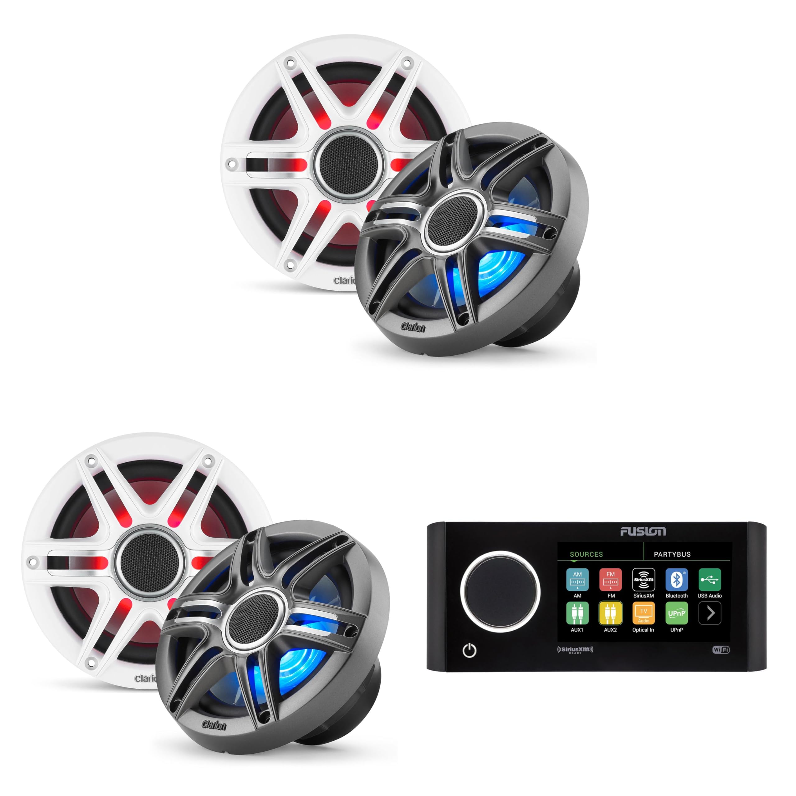 Fusion MS-RA770 Apollo Source Unit w/ (2 Pair) Clarion CMSP-651RGB-SWG Premium 6.5-inch Coaxial Marine Speakers with Built-in RGB Illumination (Includes White & Gray Sport Grilles)