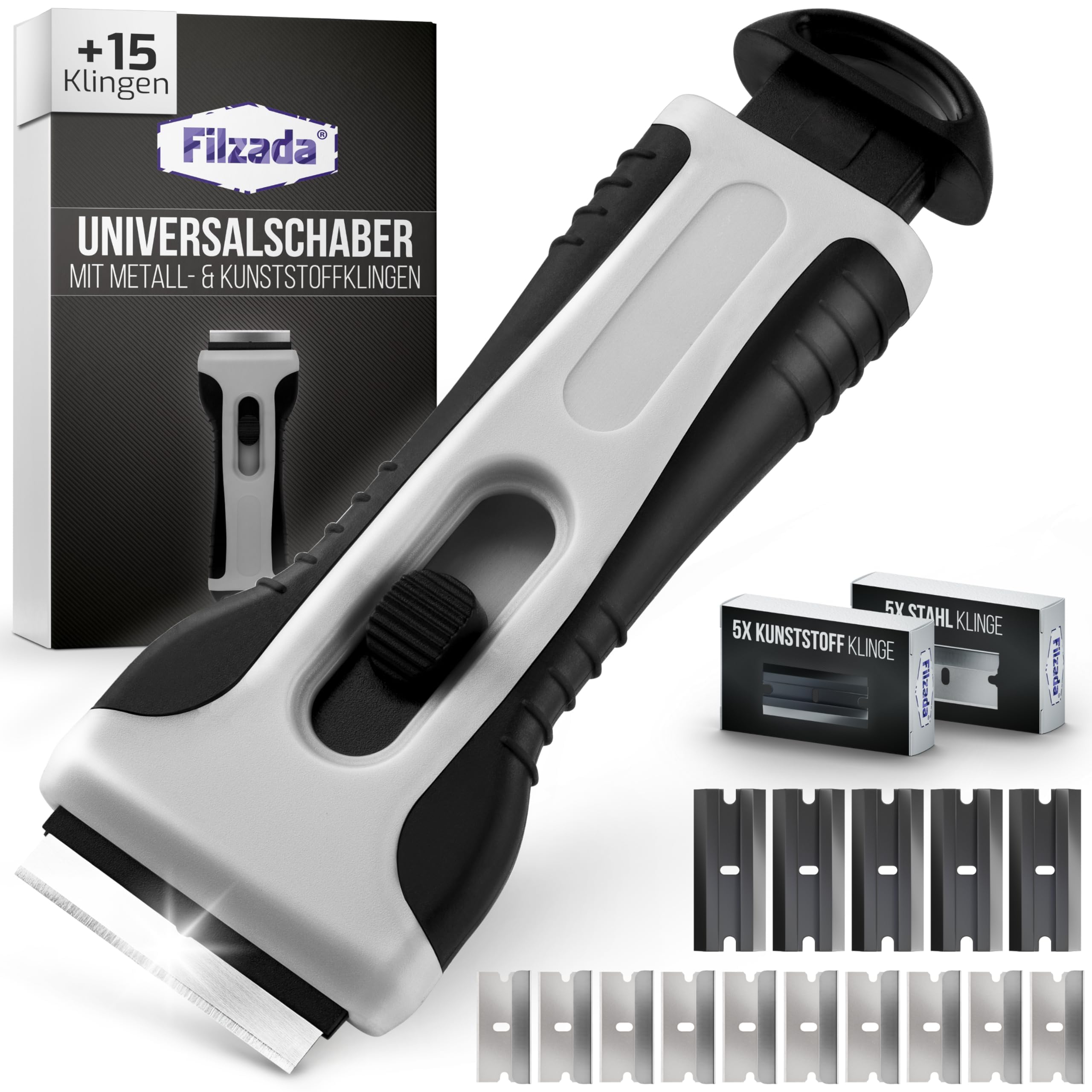 Filzada® Küchenschaber Grau + 15 Schaber Klingen - Glasschaber Kochfeld Set | Glaskeramik Schaber, Herd Kratzer, Backofen - Klingenschaber Scraper Premium - 10x Metall- & 5x Kunststoffklingen