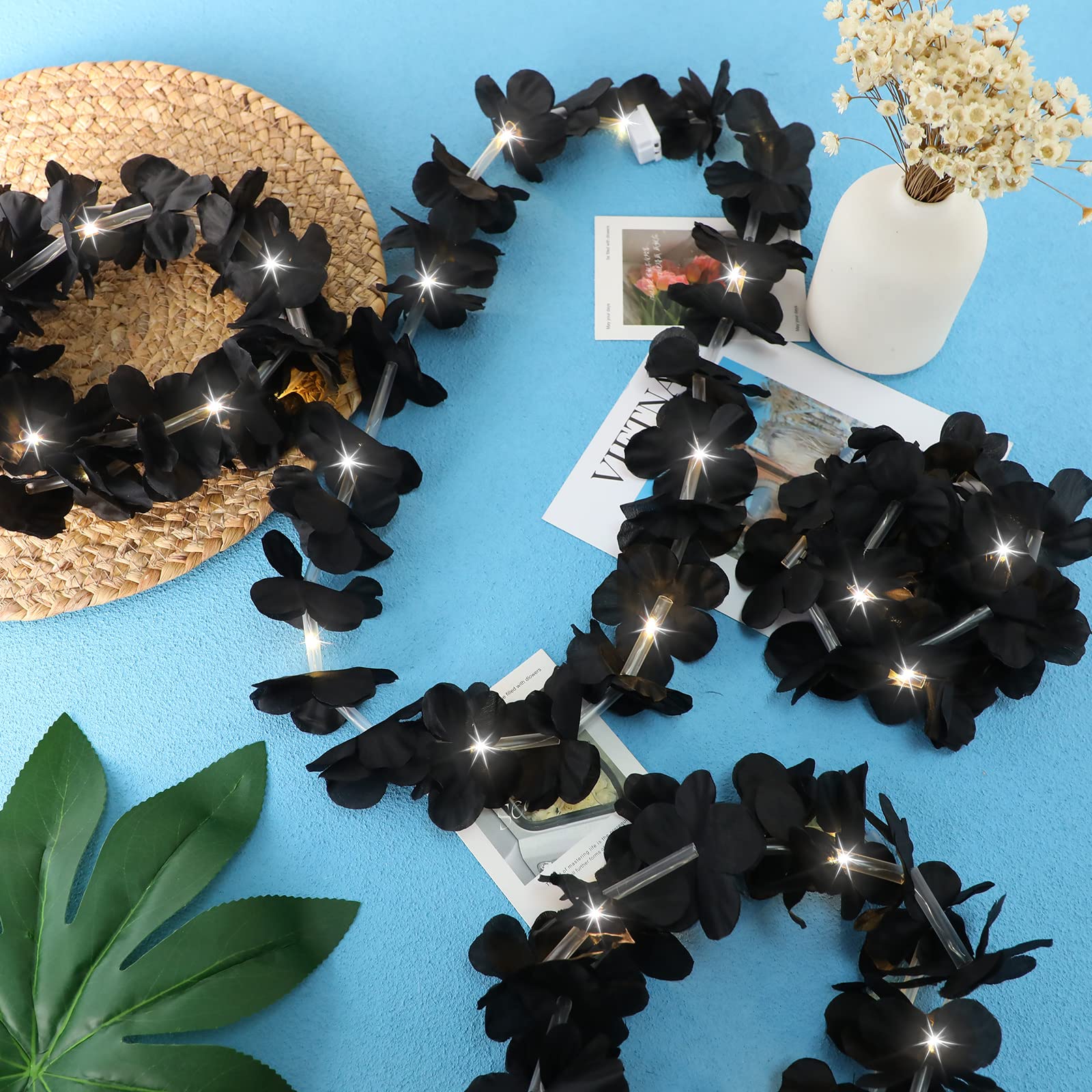 Sherr 48 collane Leis hawaiane a LED con luci a LED, per feste in maschera, spiaggia, matrimoni, feste a tema tropicale (nero)