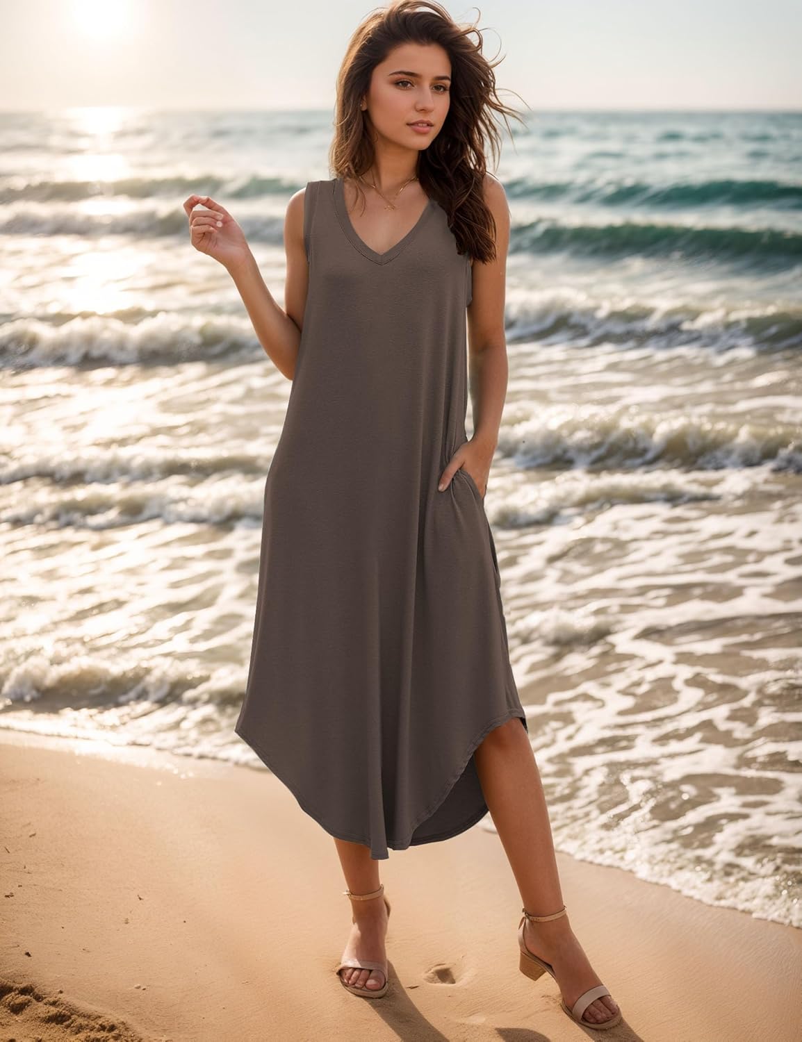 Women's Summer Dresses Casual Sleeveless Maxi Dresses V Neck Loose Sundress Long Dress with Pockets - Image 3