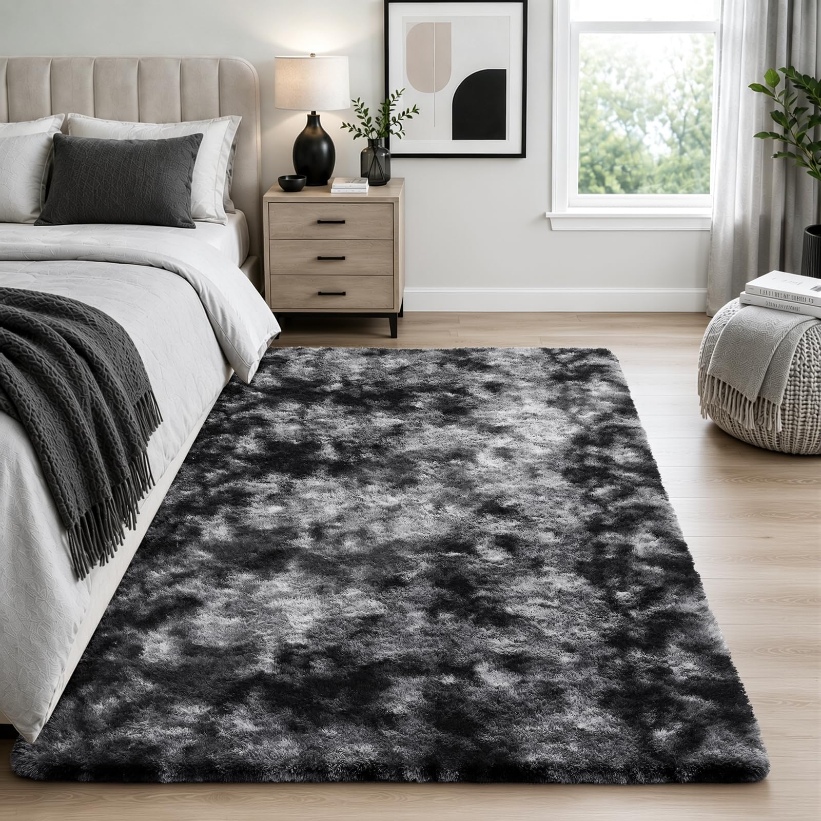 Ophanie Tie-Dyed Black &amp; Grey Area Rugs for Bedroom Living Room, Fluffy Shag Fuzzy Carpet, Plush Shaggy Rug,4x6 Indoor Carpet for Kids Boys Dorm Home Decor Aesthetic, Nursery with 99 pcs Pile fibers