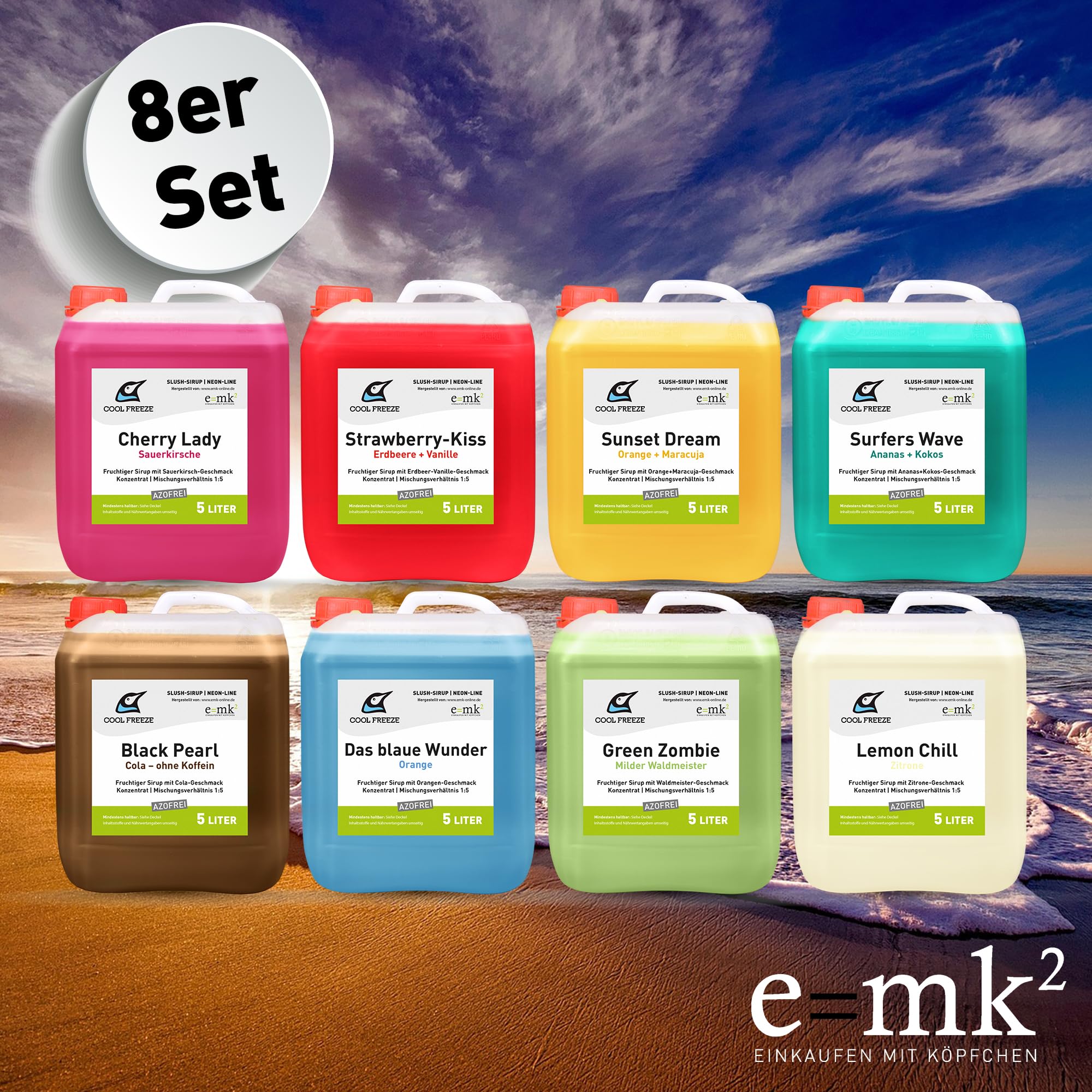 Slush-Sirup 8×5 L Set azofrei • Konzentrat von COOL FREEZE • Cola, Orange, Kokos, Waldmeister, Kirsche, Maracuja, Erdbeere, Zitrone • Ideal für Slushmaschine, Events, Partys, Sommer & Kinder