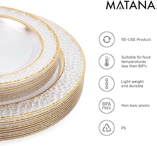 Miniatura 5 de MATANA 40 platos de plástico transparente con borde dorado martillado, 20 platos llanos de 10.25 pulgadas + 20 platos de ensalada de postre de 7.5