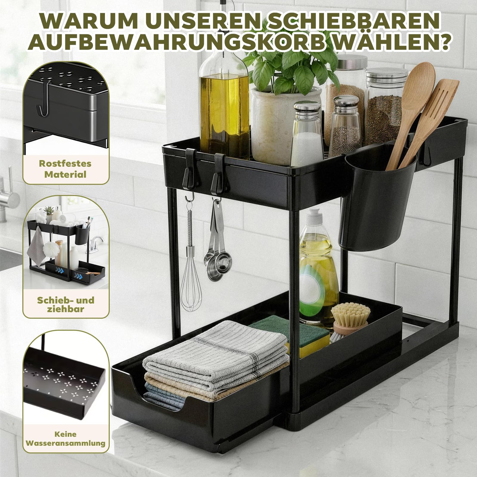 Unter Waschbecken Regal Spülschrank Organizer, 2 Etagen Standregal Küche Arbeitsplatte Regal Organizer, Mehrfunktional Küchenregal Gewürzregal Unterschrankregal Spülschrankregal, Schwarz