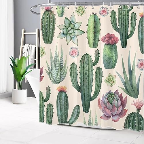 Miniatura 3 de LB Western Tropical Cactus Shower Curtain for Bathroom, Pink and Green Succulent Plant with Floral on Beige Fabric Shower Curtain with Hooks, Nature