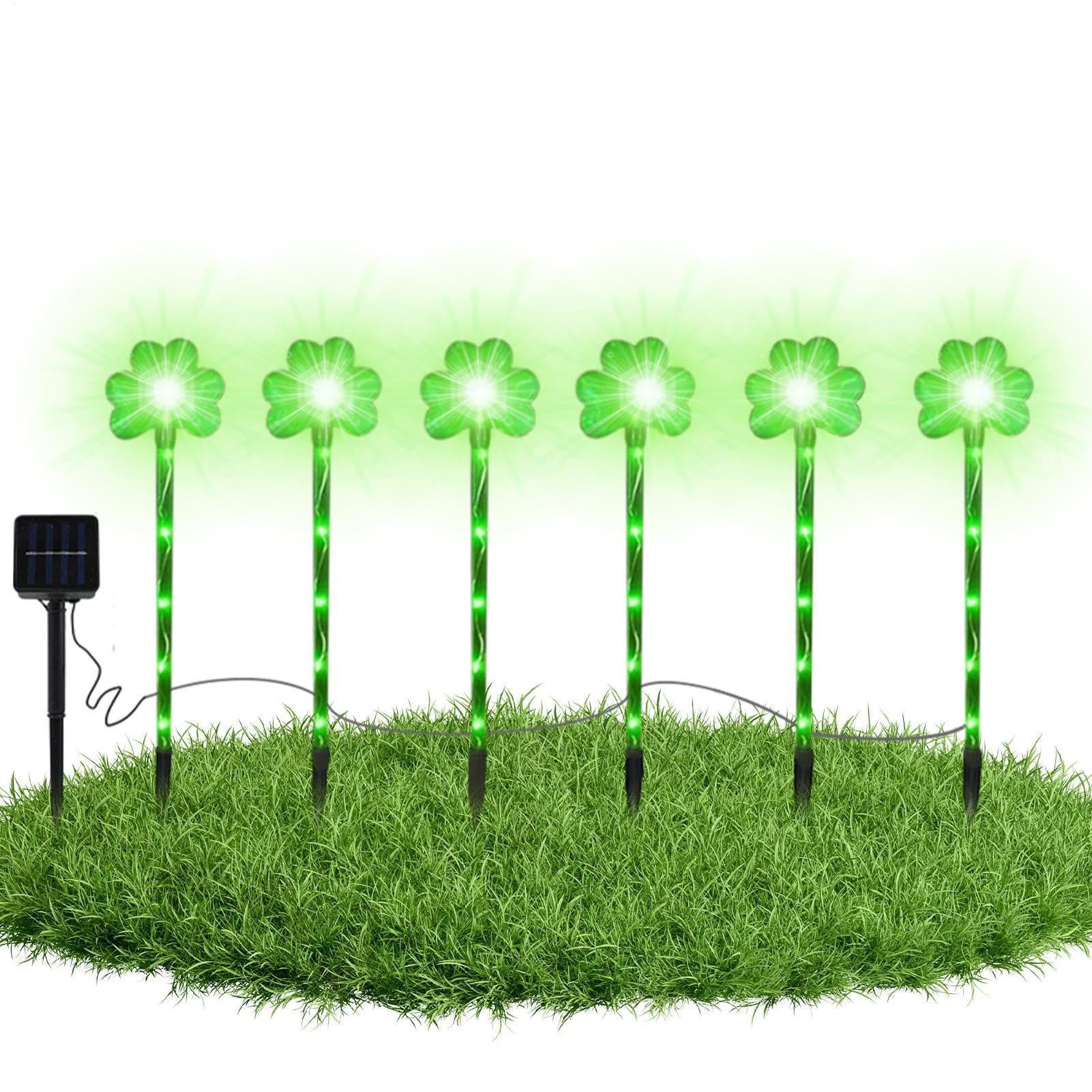 Euyehn Outdoor Lights, Shamrocks Stake LED Solar Lights, Yard Art St Patricks Day Decorations Lucky Sign, Green Pathway Lighting for Lawn Garden Yard