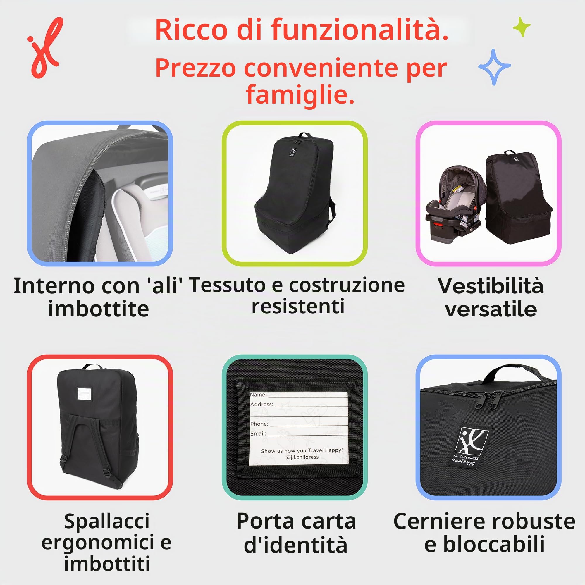 J.L. Childress Zaino imbottito per seggiolino auto – Borsa da viaggio per seggiolino auto per aereo, copertura adatta alla maggior parte dei marsupi e booster per neonati e bambini, accessori