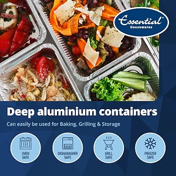 Essential Housewares 10 Aluminium Foil Trays with Lids - 24 x 24cm (9 x 9 inch) Heavy Duty Disposable Foil Baking Trays Takeaway Containers with Lids. Metal Food Trays for Catering & More.