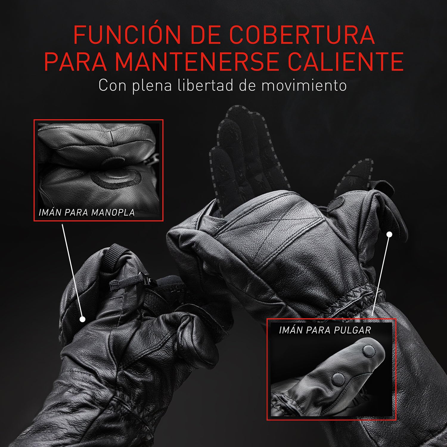 THE HEAT COMPANY Shell Full Leather Manoplas: guantes cuero desplegables - innovación del guantes - guantes esqui extra cálidos - guante termico invierno: hombre & mujer - sin guante interior - unisex