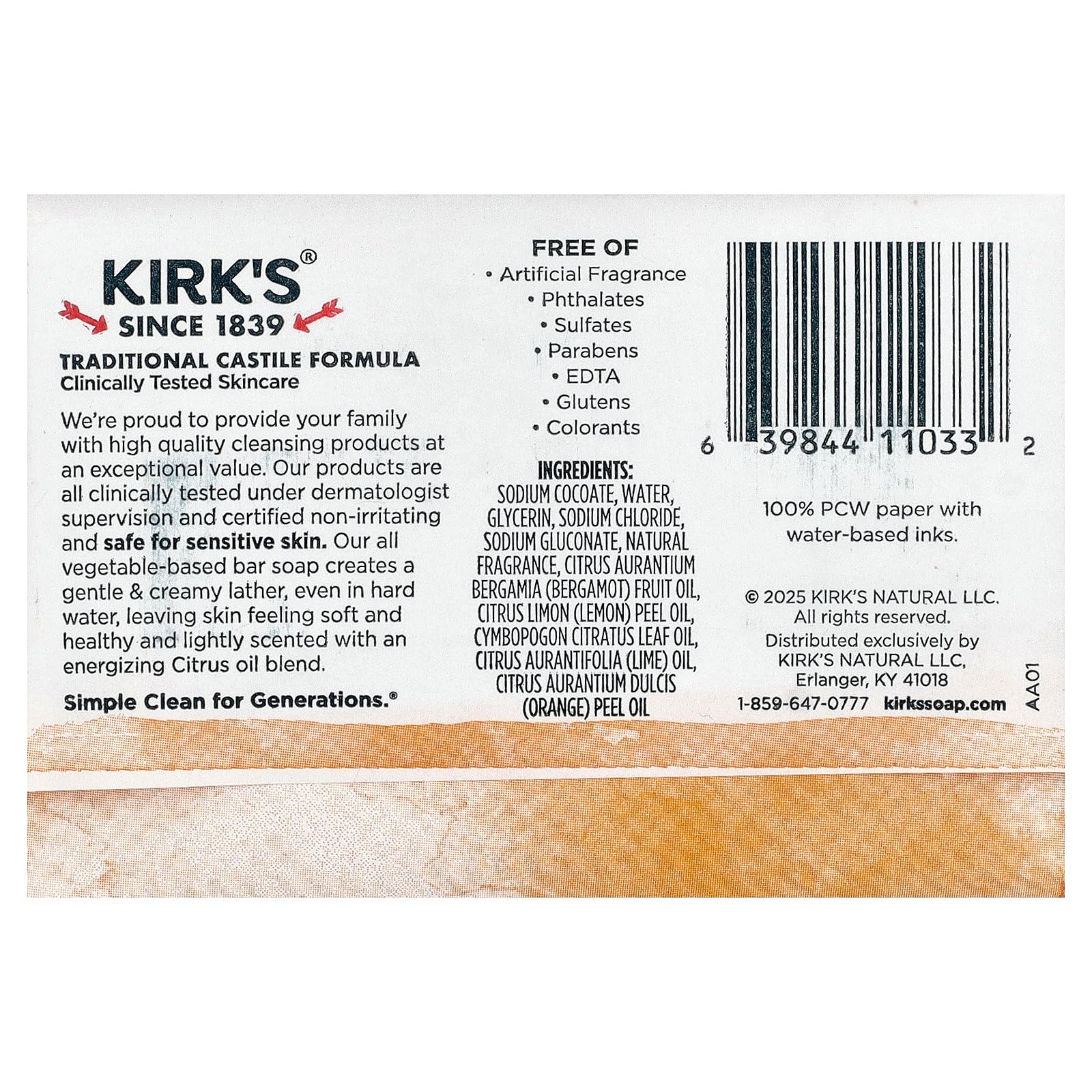 Kirk's 100% Premium Coconut Oil Castile Bar Soap, Citrus Twist, 4 oz (113 g) thumbnail 2